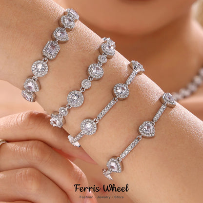 Shimmering Gold Plated Tennis Bracelet for Women - Vintage Charm Bangle with Zircon, Heart & Square Designs - Just The Fly Way