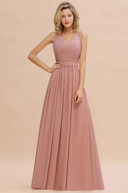 BABYONLINE Elegant Bridesmaid Dress Pleated Bodice See-through Lace Cap Sleeves Maxi Flowy A-Line Skirt Wedding Party Gown Women