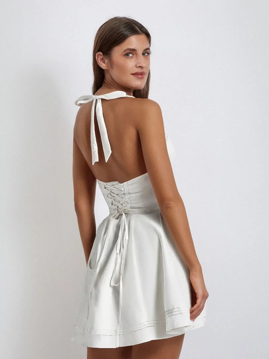 Elegant Lace-Up Halter Neck Dress with Flared Skirt and Open Back Design Perfect for Summer Parties and Events - Just The Fly Way