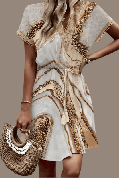 Spring/Summer Print with Bat Sleeves, Lace V-Neck, Waist Waist Large Hem, Mid Length Dress - Just The Fly Way