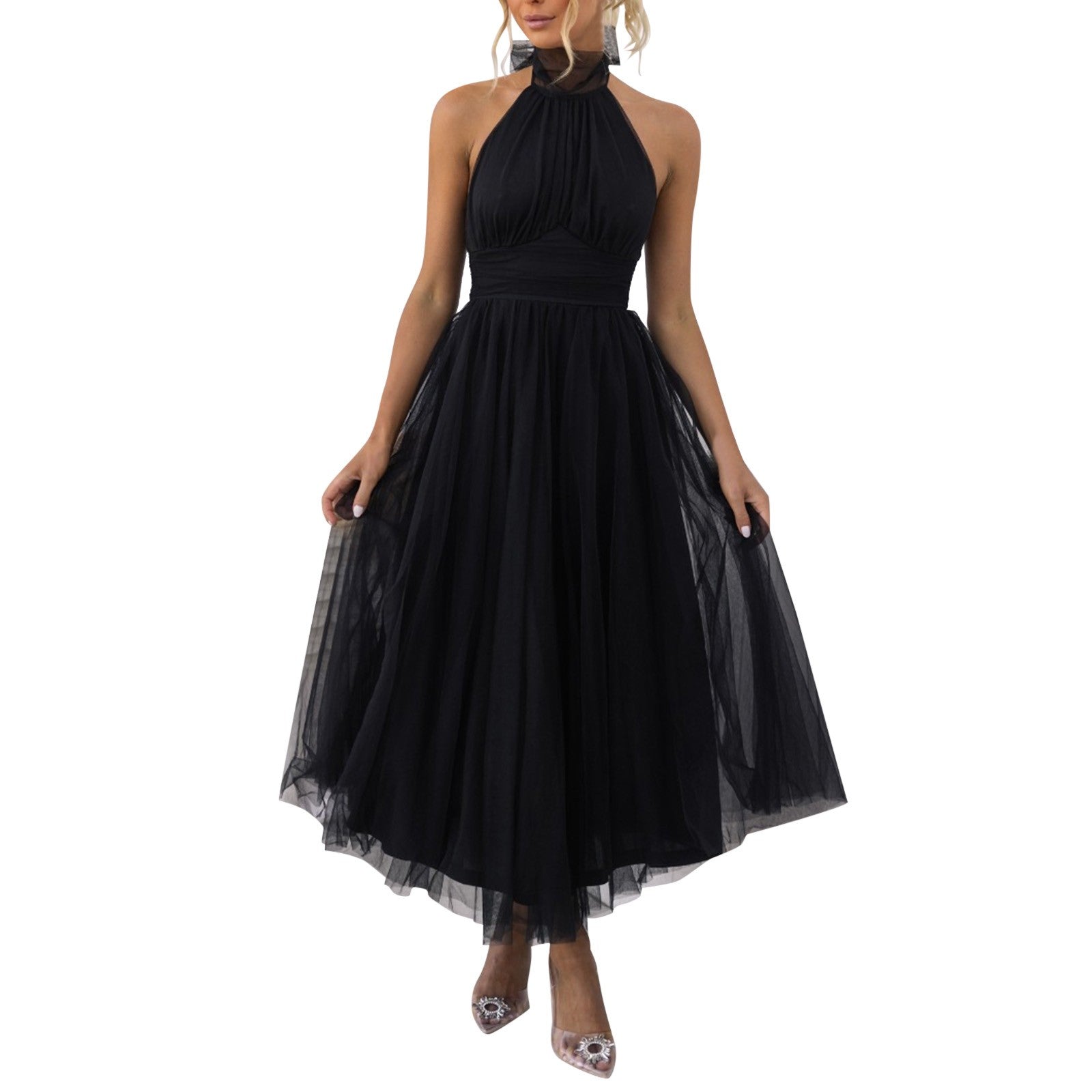 Sexy Halter Holiday Party Dress Women Off Shoulder Mesh Backless Pleated Dress White Vestidos Formal Wedding Gown Long Dress - Just The Fly Way