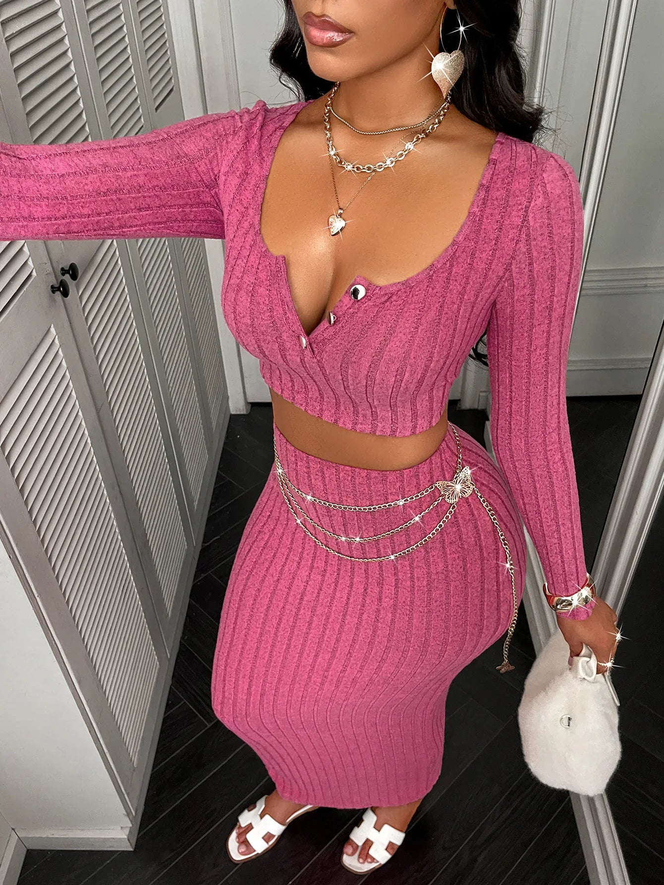 Two Piece Sets Women Skirt Set Full Sleeve Dress Sets Sexy U Neck Bodycon Short Tops Long Skirts Elegant Splice High Waist
