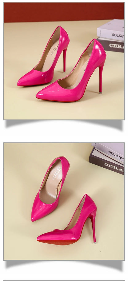 Fashionable, Bold and Beautiful DressTemperament 12cm Super High Thin Heels Shoes Women Pumps Pointed Toe Colorful Patent Leather Stiletto Wedding Shoe Size 45