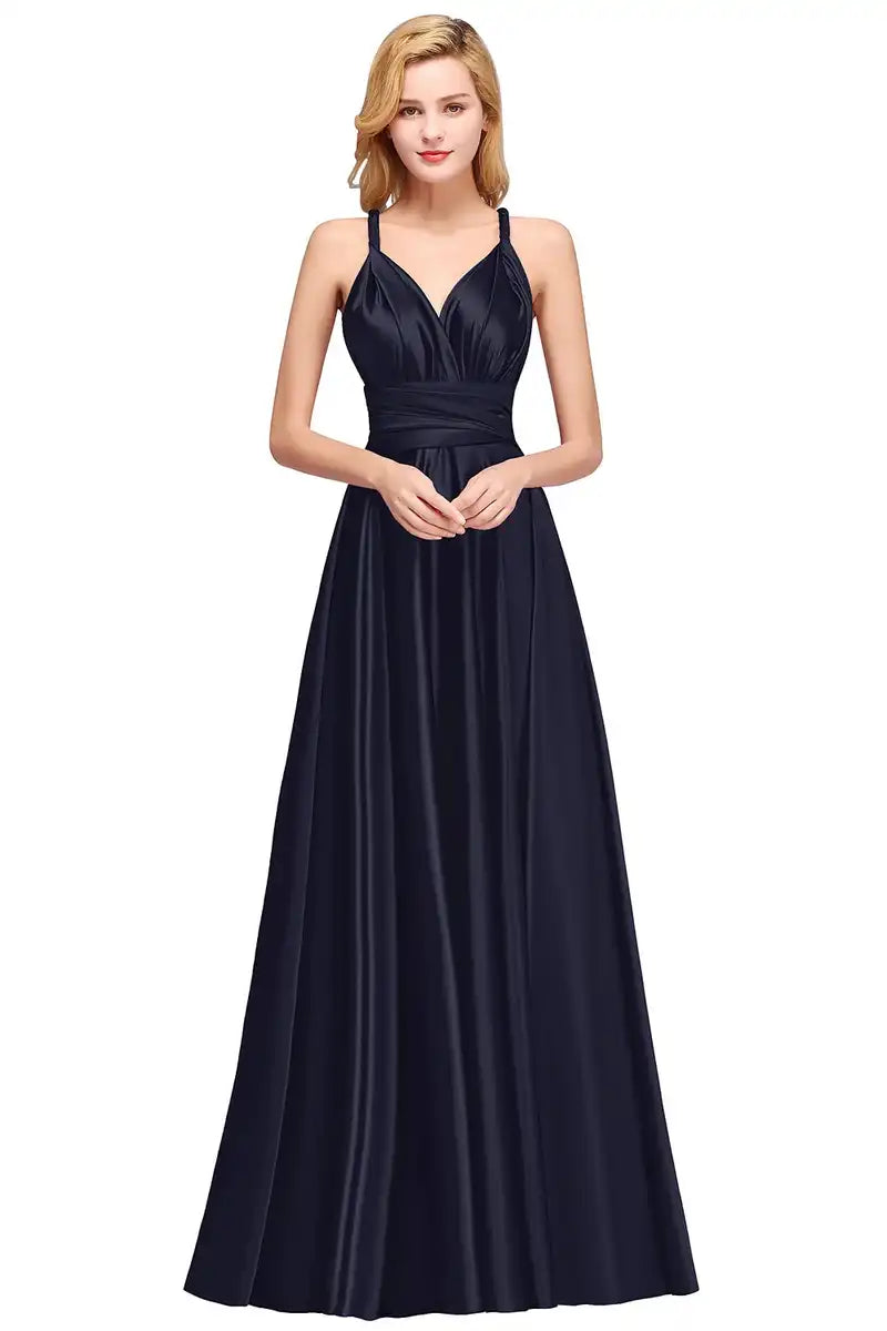 Bridesmaid Dress - Convertible Gown | Floor-Length, Sleeveless in navy blue with halter V neckline and multiway wrap design by BABYONLINE.