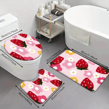 Charming Three-Piece Strawberry Bathroom Rug Set for a Delightful Decor Upgrade - Just The Fly Way