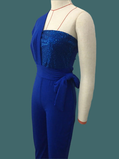 Women's Solid Color Romper, Cut-out Design, Belt Decoration, V-neck Fashion Sequin One-shoulder Bodysuit - Just The Fly Way