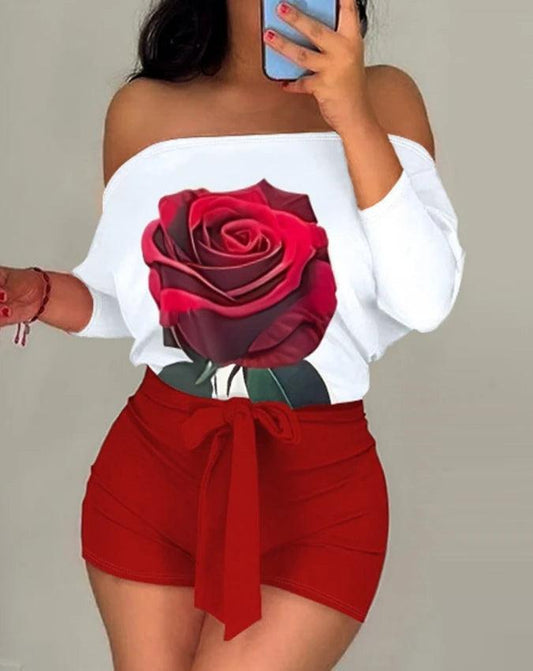 Printed, Off Shoulder, Tied Sash At Waist, Shorts Romper - Just The Fly Way