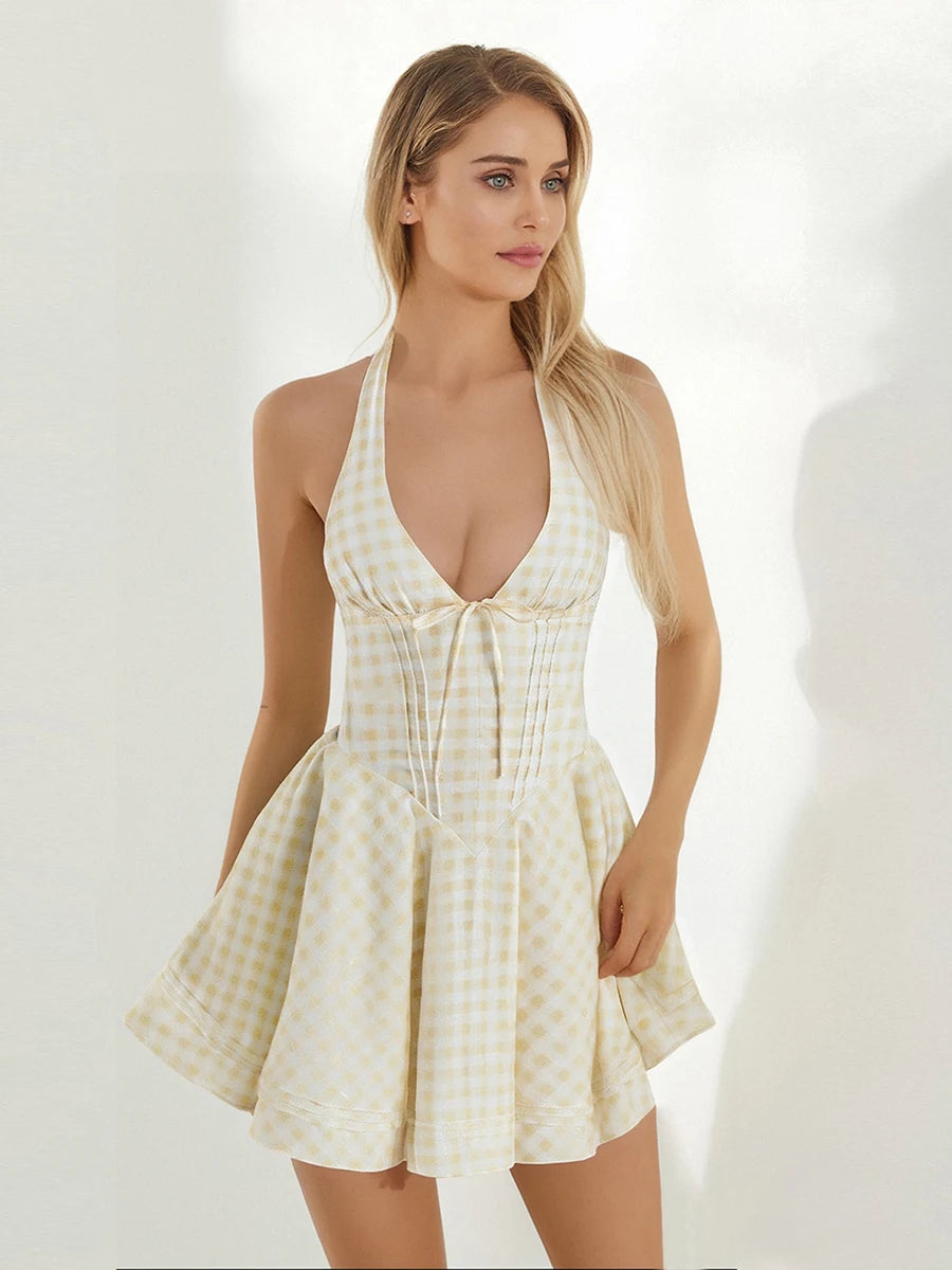 Elegant Lace-Up Halter Neck Dress with Flared Skirt and Open Back Design Perfect for Summer Parties and Events - Just The Fly Way