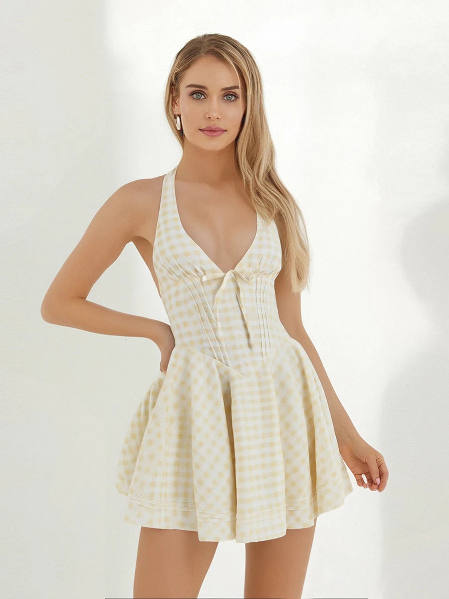 Elegant Lace-Up Halter Neck Dress with Flared Skirt and Open Back Design Perfect for Summer Parties and Events - Just The Fly Way