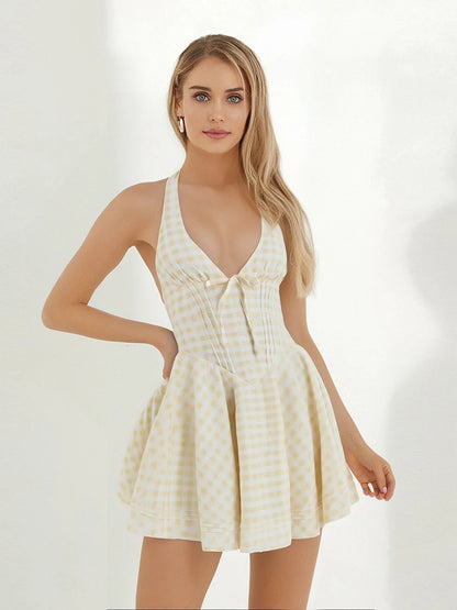 Elegant Lace-Up Halter Neck Dress with Flared Skirt and Open Back Design Perfect for Summer Parties and Events - Just The Fly Way
