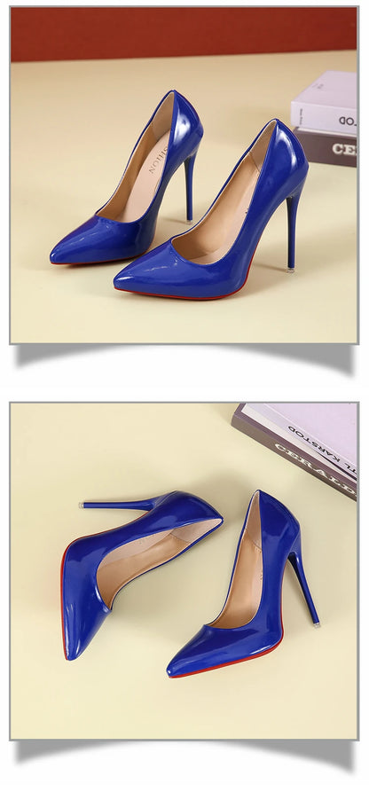 Fashionable, Bold and Beautiful DressTemperament 12cm Super High Thin Heels Shoes Women Pumps Pointed Toe Colorful Patent Leather Stiletto Wedding Shoe Size 45