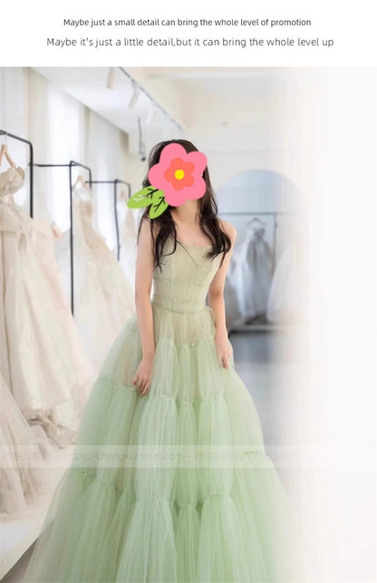 Green Tube Top Mori Style Evening Dress Female Classy Light Luxury Minority Host Birthday Adult Ceremony Princess Dress Light Wedding Dress