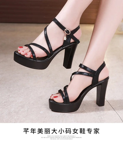 Fashionable, Bold and Beautiful Dress8cm 10cm Small Size 32-43 Elegant Soft Leather Sandals Platform Shoes 2025 Bandage Block High Heels Gladiator Sandals Model
