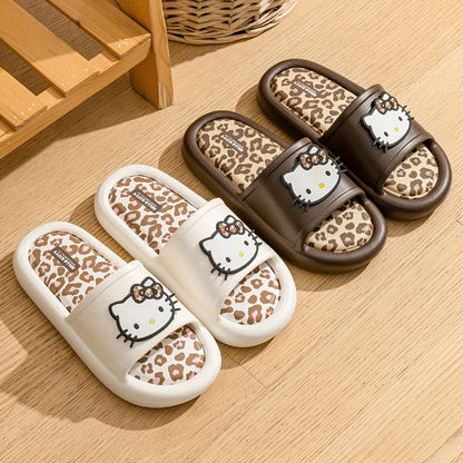 Miniso Hello Kitty Cute Leopard Print Slippers Trendy Open-Toe Slide Sandals in Chic Two-Tone Design Comfortable EVA Material