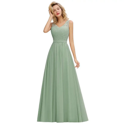 BABYONLINE Elegant Bridesmaid Dress Pleated Bodice See-through Lace Cap Sleeves Maxi Flowy A-Line Skirt Wedding Party Gown Women