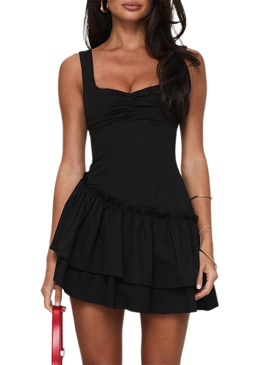 Elegant V-Neck Sleeveless Pleated Tie-Waist Solid Color A-Line Dress Women s Backless Summer Mini Slip Dress - Just The Fly Way