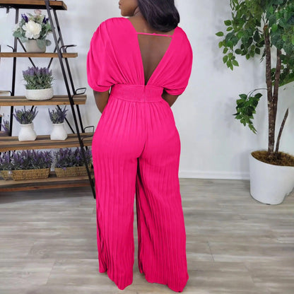 Elegant V-neck Solid Color Fashion Pleated Wide leg Jumpsuit, Pants Romper - Just The Fly Way