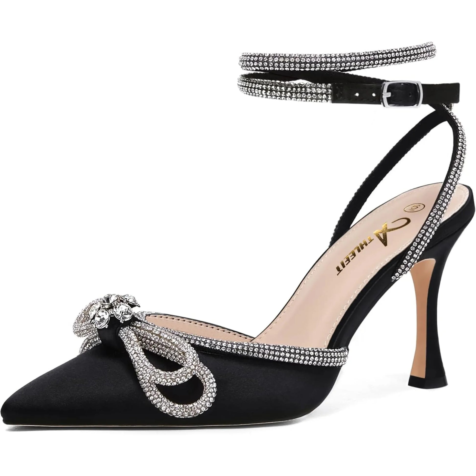 Women's Rhinestone Bow Heels Ankle Strap Pointed Toe Stiletto Heeled Sandals Wedding Bridal Dress Pumps Shoes - Just The Fly Way