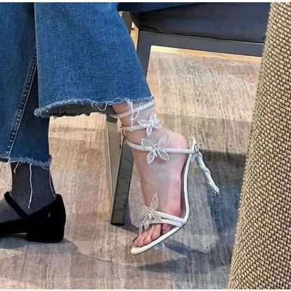 Fashionable, Bold and Beautiful DressLuxury Crystal Embellished Butterfly Detail Women Sandals Sexy Coiled Strap Thin High heels Gladiator sandals Summer Party Shoes