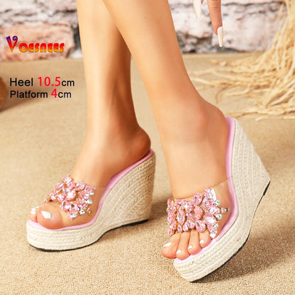 Summer Women Rhinestone Shoes 10.5CM Hemp rope Platform High Heels Wedges - Just The Fly Way