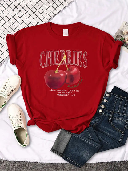 Comfortable Women's Cherry T-Shirt | Trendy Cherry and Letter Pattern Tees - Just The Fly Way