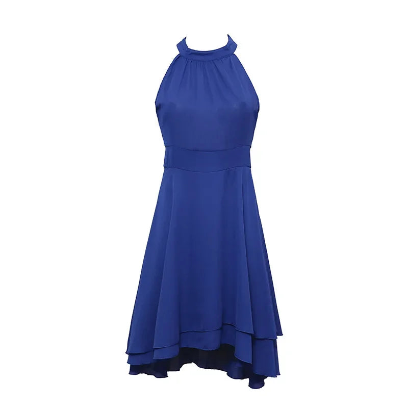 Elegant Solid Color, High Waist, Halter Top, Sleeveless Midi Dress with Cropped Layered Chiffon Slimming Dresses - Just The Fly Way