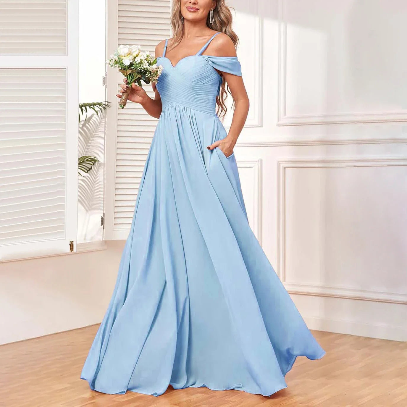 Off The Shoulder, Formal Chiffon Pleated Formal Long Length Evening Gown Customizable - Just The Fly Way