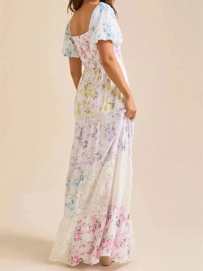 Elegant Floral Print Short Sleeve A-Line Dress with Ruffled Hem for Women Perfect for Cocktail Parties and Streetwear Fashion - Just The Fly Way