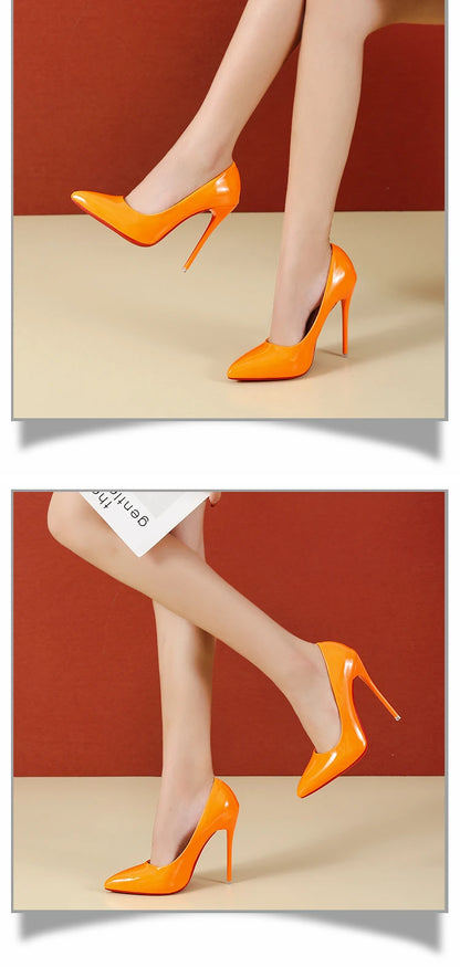 Fashionable, Bold and Beautiful DressTemperament 12cm Super High Thin Heels Shoes Women Pumps Pointed Toe Colorful Patent Leather Stiletto Wedding Shoe Size 45