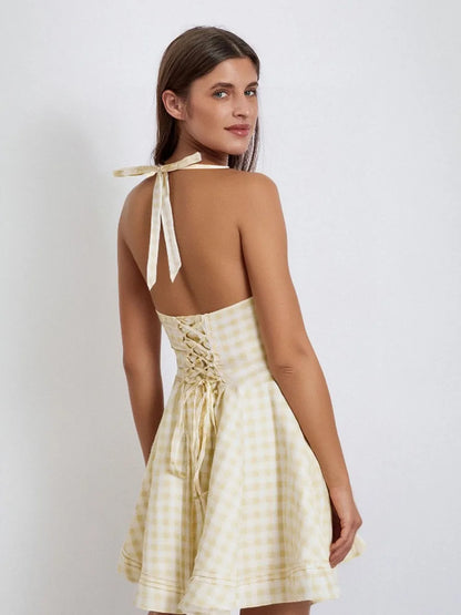 Elegant Lace-Up Halter Neck Dress with Flared Skirt and Open Back Design Perfect for Summer Parties and Events - Just The Fly Way