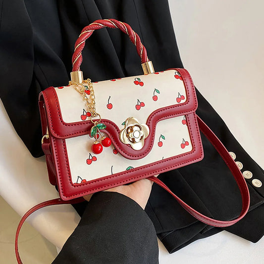 Fashionable, Bold and Beautiful DressStylish Women’s Cherry Square Chain Bag - Versatile PU Leather Crossbody with Sweet Cherry Pattern