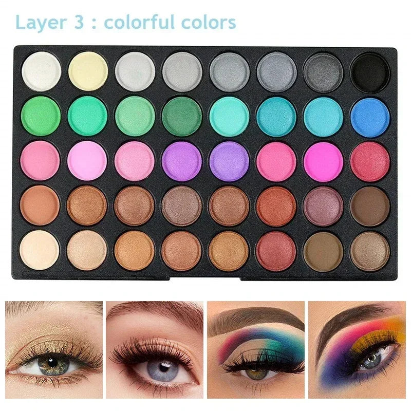 Makeup palette with colorful shades and eye makeup examples.