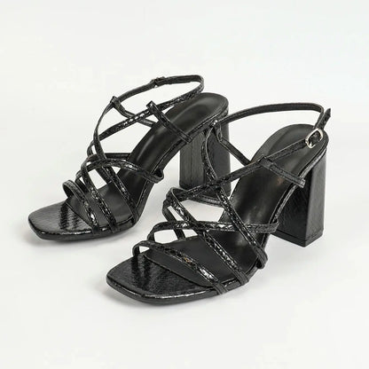 women Block Heels Square Toe Chunky Ankle Buckle Pump Heeled Sandals - Just The Fly Way