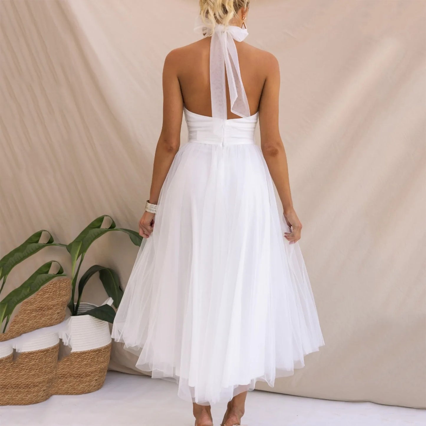 Sexy Halter Holiday Party Dress Women Off Shoulder Mesh Backless Pleated Dress White Vestidos Formal Wedding Gown Long Dress - Just The Fly Way