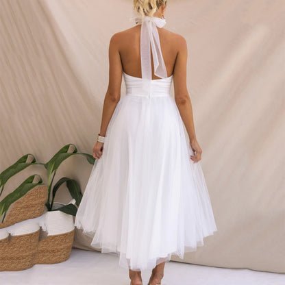 Sexy Halter Holiday Party Dress Women Off Shoulder Mesh Backless Pleated Dress White Vestidos Formal Wedding Gown Long Dress - Just The Fly Way