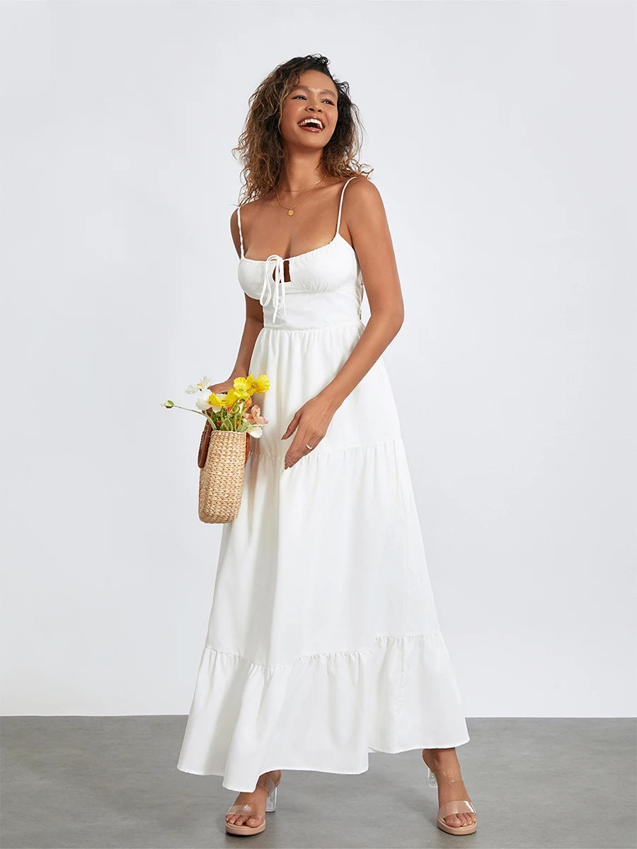 Women s Elegant Floral Print Maxi Dress with V-Neckline and Adjustable Spaghetti Straps for Summer Beach Vacation - Just The Fly Way