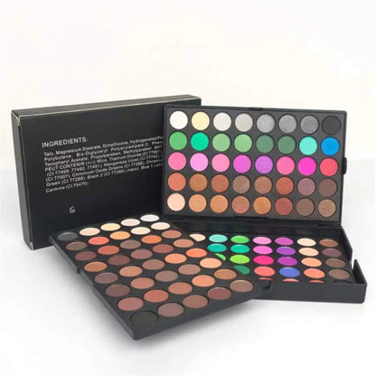 Makeup palette with various colors and black packaging on a white background