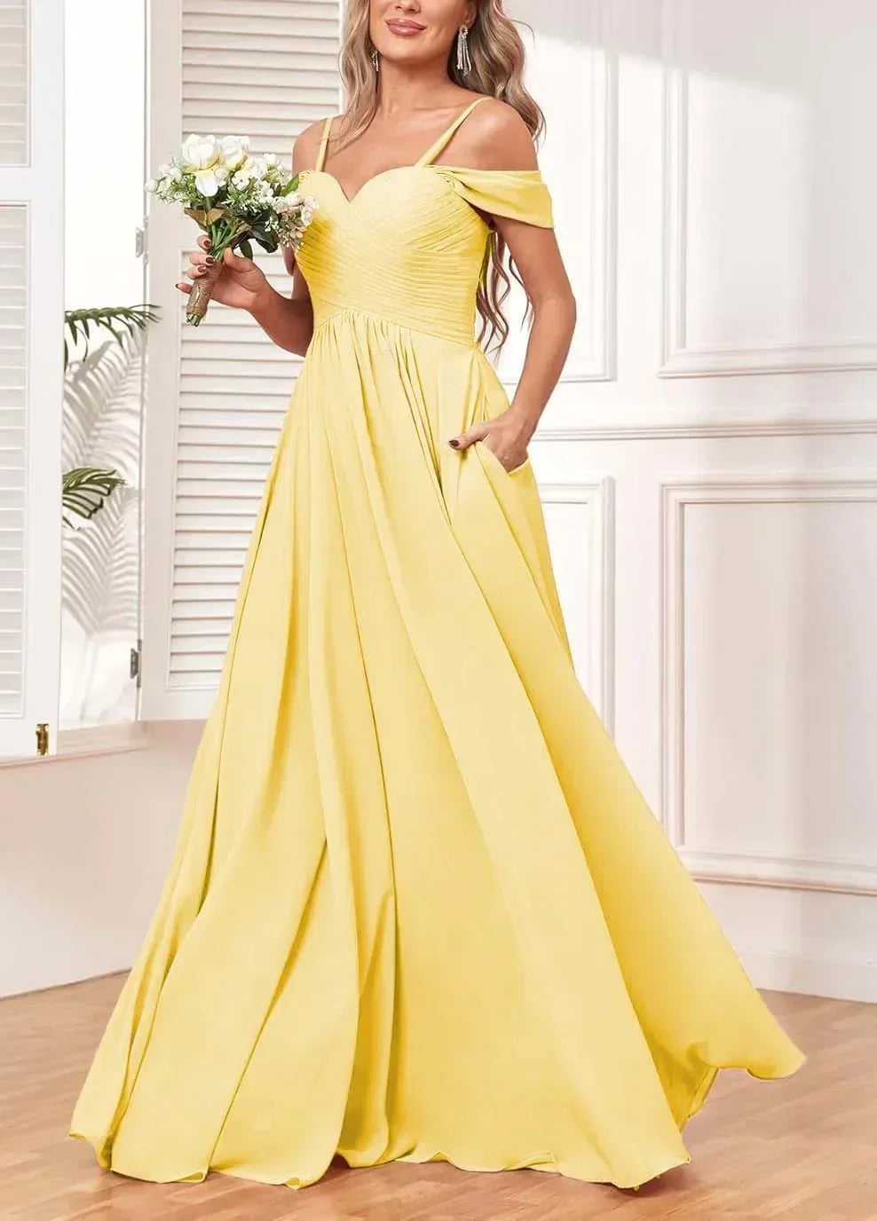 Off The Shoulder, Formal Chiffon Pleated Formal Long Length Evening Gown Customizable - Just The Fly Way