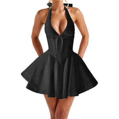 Elegant Lace-Up Halter Neck Dress with Flared Skirt and Open Back Design Perfect for Summer Parties and Events - Just The Fly Way