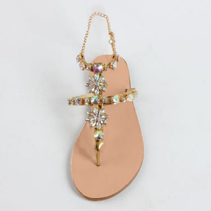 2023 Summer New Women Sandals Casual Flats Rhinestone Round Toe Sandals Buckle Strap Shoes Bohemian Style Flat Sapatos Feminino - Just The Fly Way