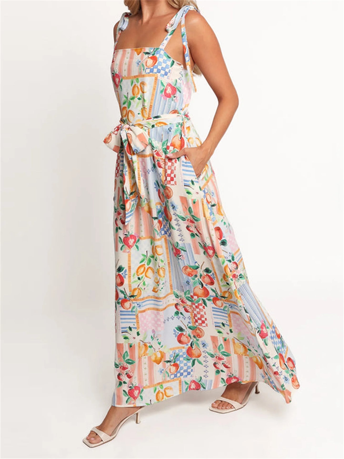 Women s Floral Print Sleeveless Maxi Dress with V-Neckline and Adjustable Spaghetti Straps for Summer Beach Wedding Party - Just The Fly Way