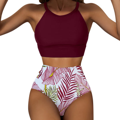 Fashionable, Bold and Beautiful DressWomen'S Tropical Printed Sexy Split Swimsuit Sports Tight Fitting High Waist Bikini Set High Elastic Swimwear Women'S Swimsuit