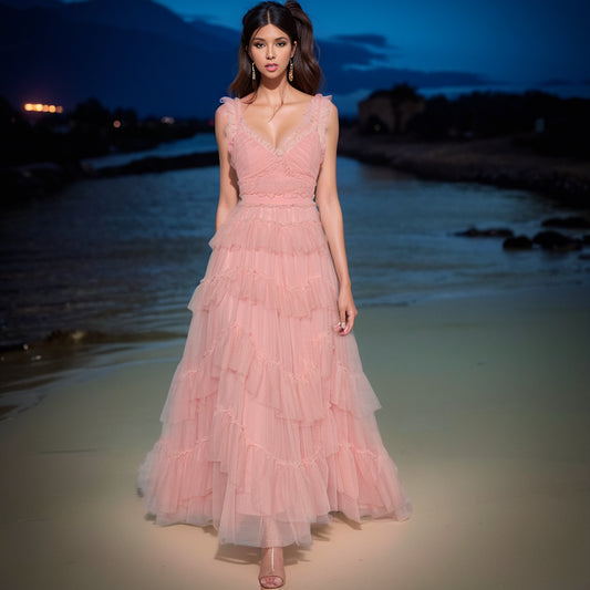 Backless Gauzy Formal Swing Dress Cake Summer Suspender Skirt