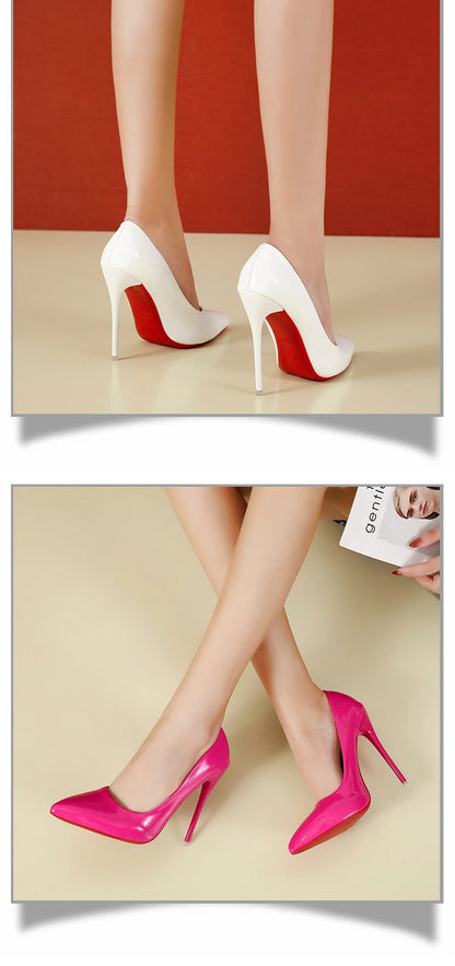 Fashionable, Bold and Beautiful DressTemperament 12cm Super High Thin Heels Shoes Women Pumps Pointed Toe Colorful Patent Leather Stiletto Wedding Shoe Size 45