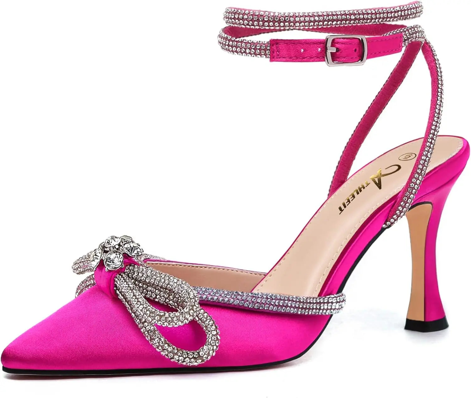 Women's Rhinestone Bow Heels Ankle Strap Pointed Toe Stiletto Heeled Sandals Wedding Bridal Dress Pumps Shoes - Just The Fly Way