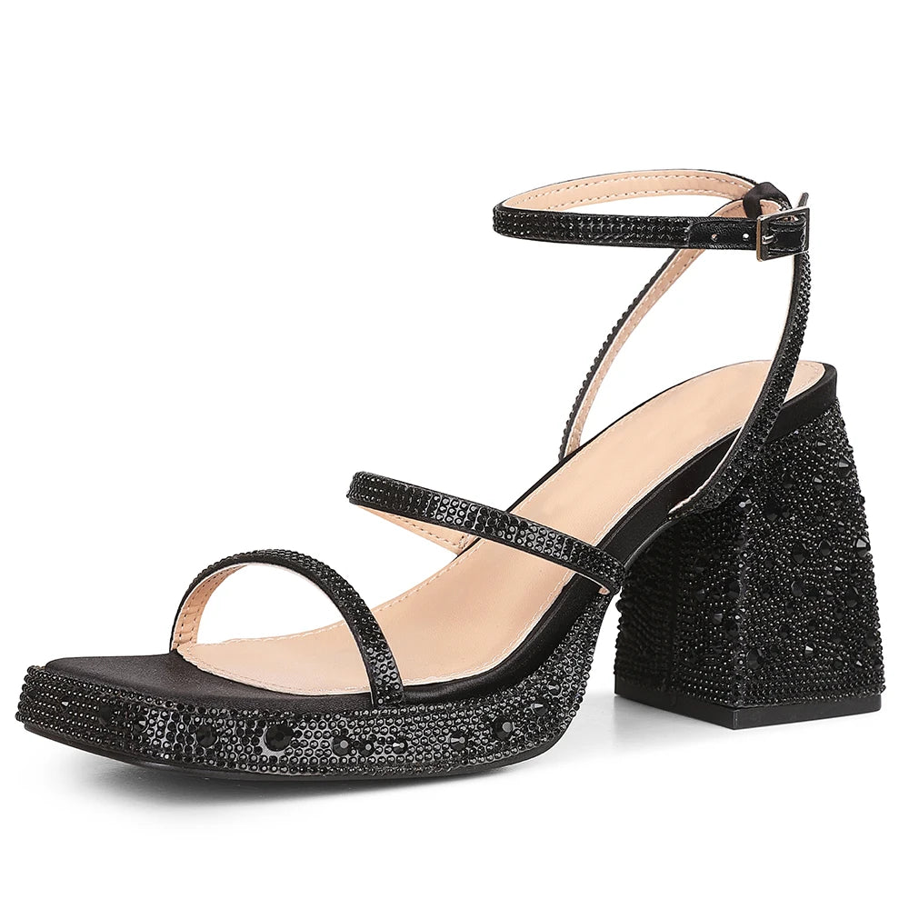 GIGIFOX Shiny Crystals Women Sandals Platform Chunky High Heel Ankle Strap Buckle Strap Shoes Sexy Elegant Dress Party Sandals - Just The Fly Way