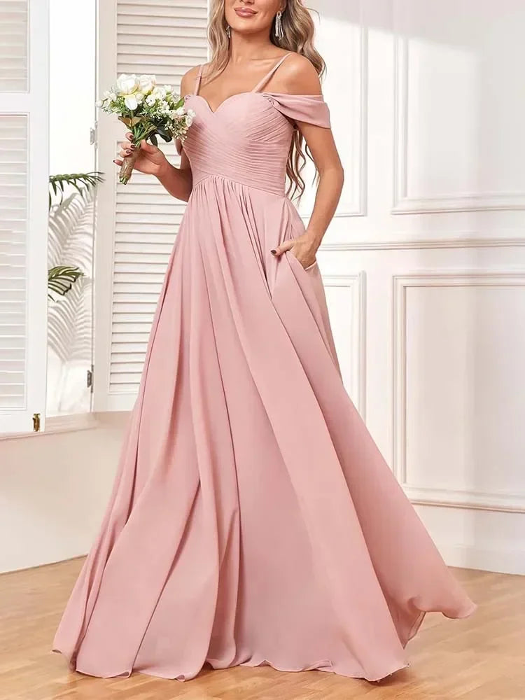 Off The Shoulder, Formal Chiffon Pleated Formal Long Length Evening Gown Customizable - Just The Fly Way