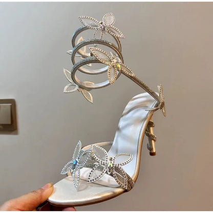 Fashionable, Bold and Beautiful DressLuxury Crystal Embellished Butterfly Detail Women Sandals Sexy Coiled Strap Thin High heels Gladiator sandals Summer Party Shoes