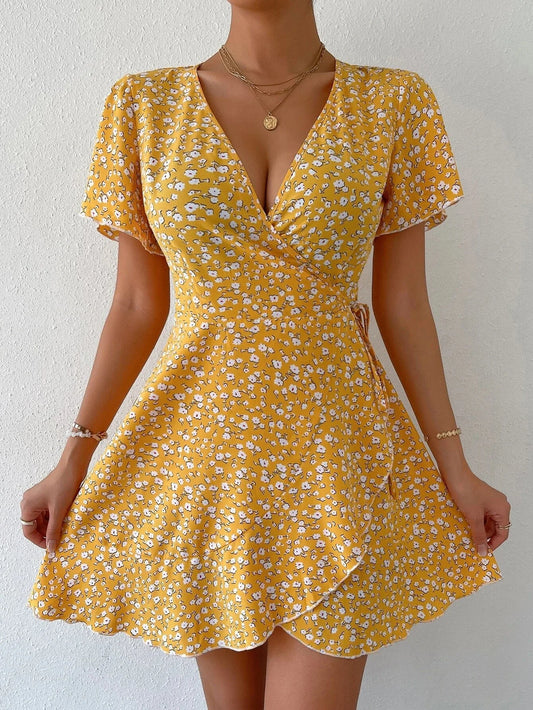 Women Sexy Printed A Line Dress Summer Bohemian V-Neck Short Sleeved Mini Dresses - Just The Fly Way