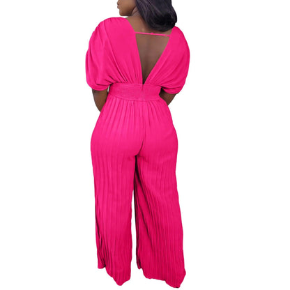 Elegant V-neck Solid Color Fashion Pleated Wide leg Jumpsuit, Pants Romper - Just The Fly Way